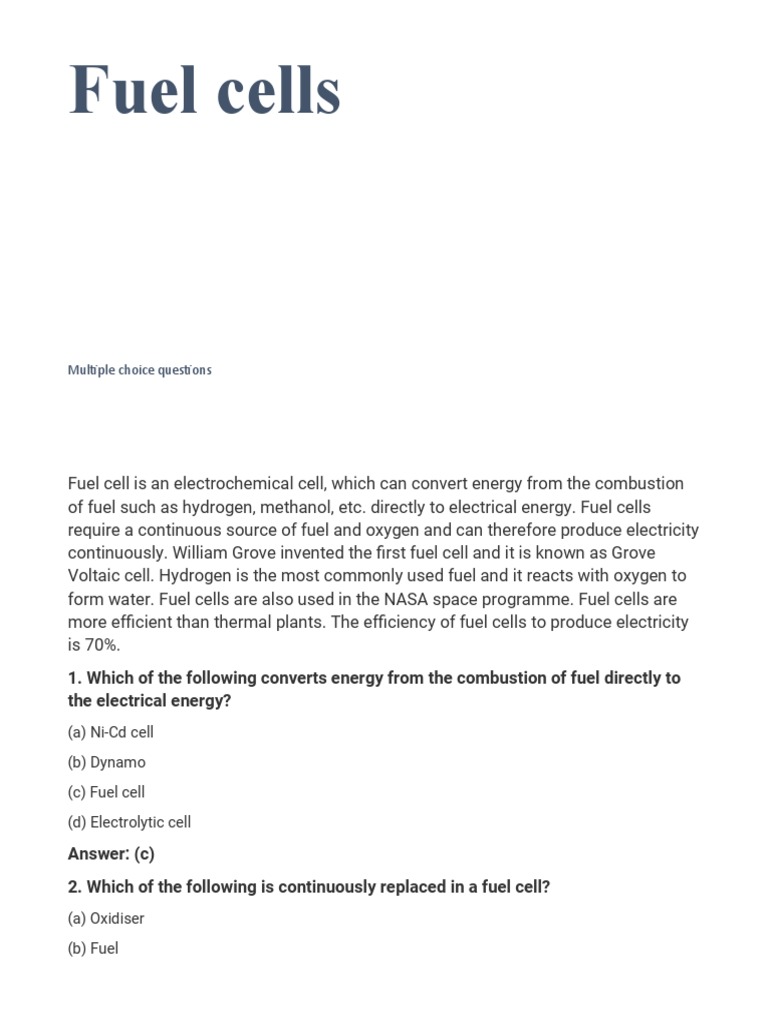 Fuel Cells MCQs PDF Fuel Cell Fuels