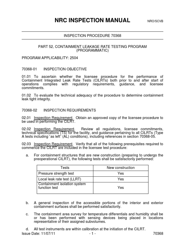 NRC Inspection Manual: Nro/Scvb | PDF | Leak | Calibration