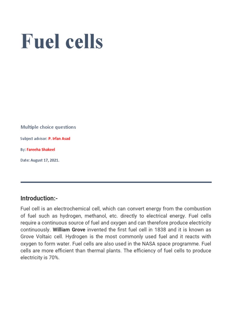 Fuel Cells MCQs PDF Fuel Cell Combustion