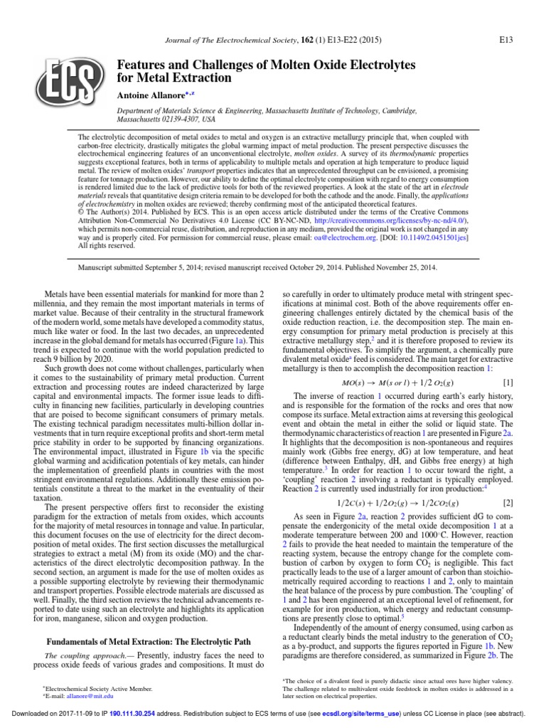 J. Electrochem. Soc. 2015 Allanore E13 22 | PDF | Electrochemistry | Silicon Dioxide