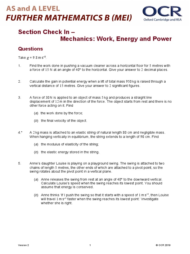Section Check in Mechanics Work, Energy and Power Questions PDF Force Elasticity (Physics)