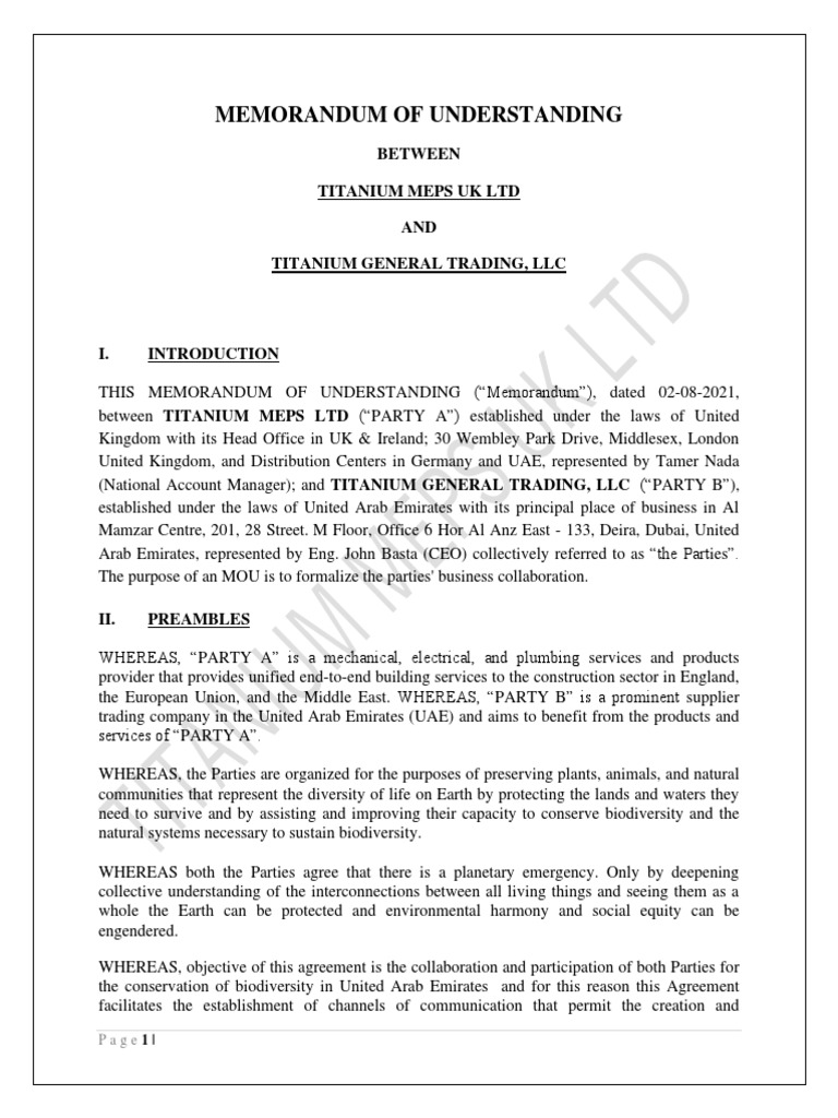 Titanium MOU for Biodiversity Collaboration | PDF | Payments | Letter ...