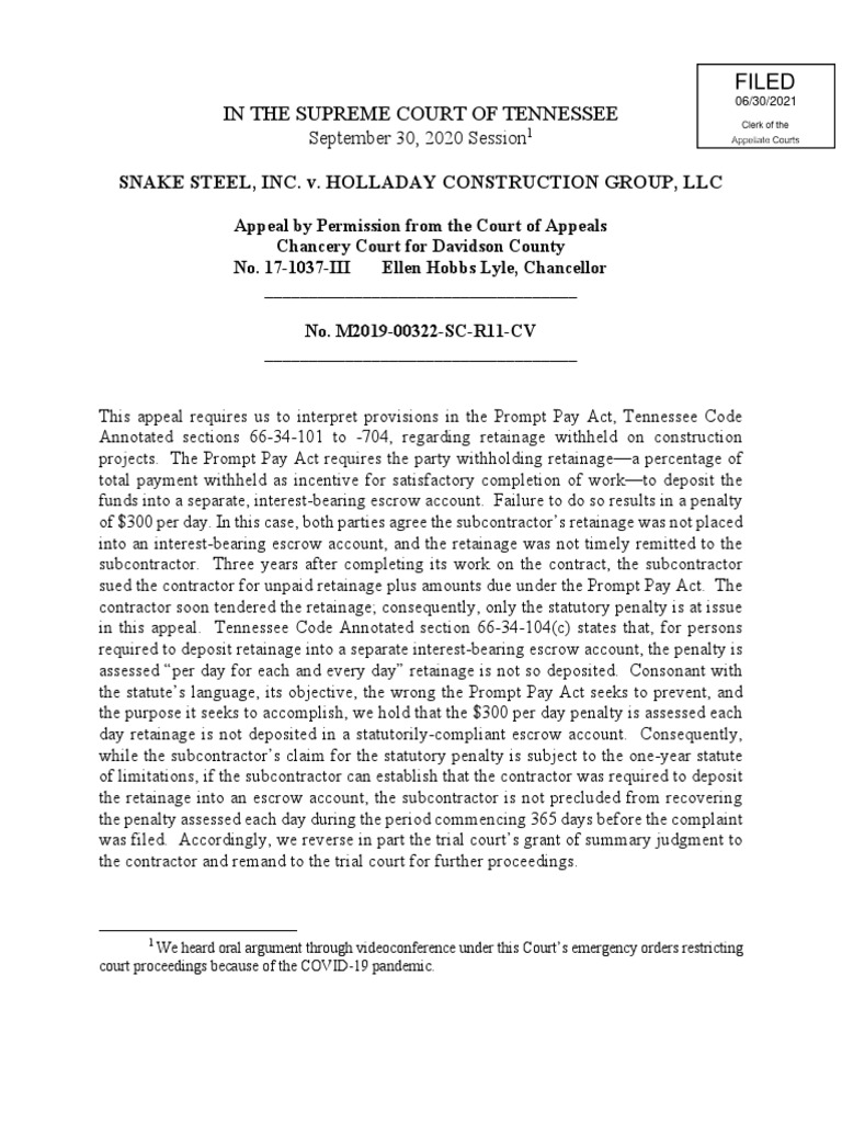 In The Supreme Court of Tennessee Snake Steel, Inc. V. Holladay