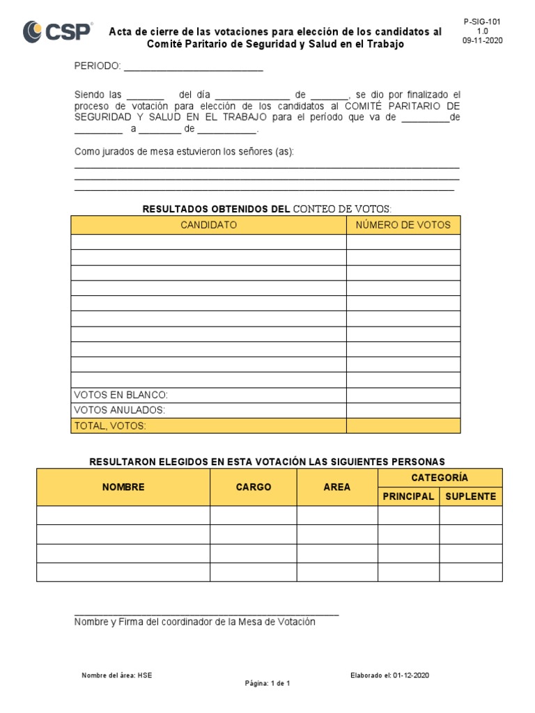 Acta de cierre de votaciones Comité Paritario | PDF
