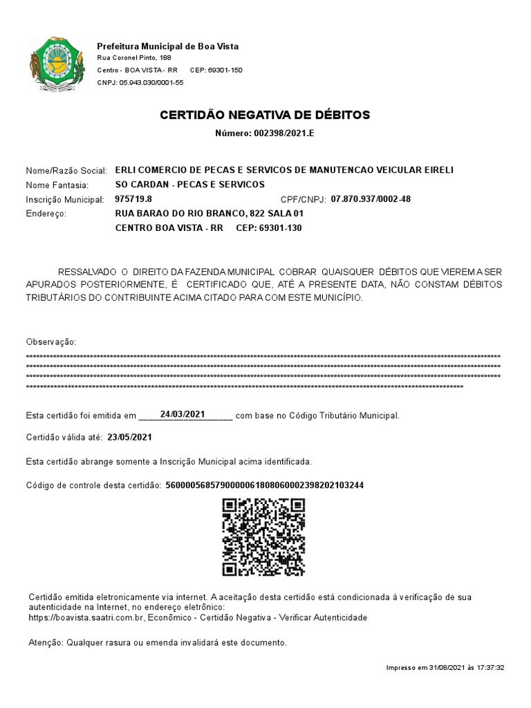 Certidão Negativa de Débitos Municipal | PDF