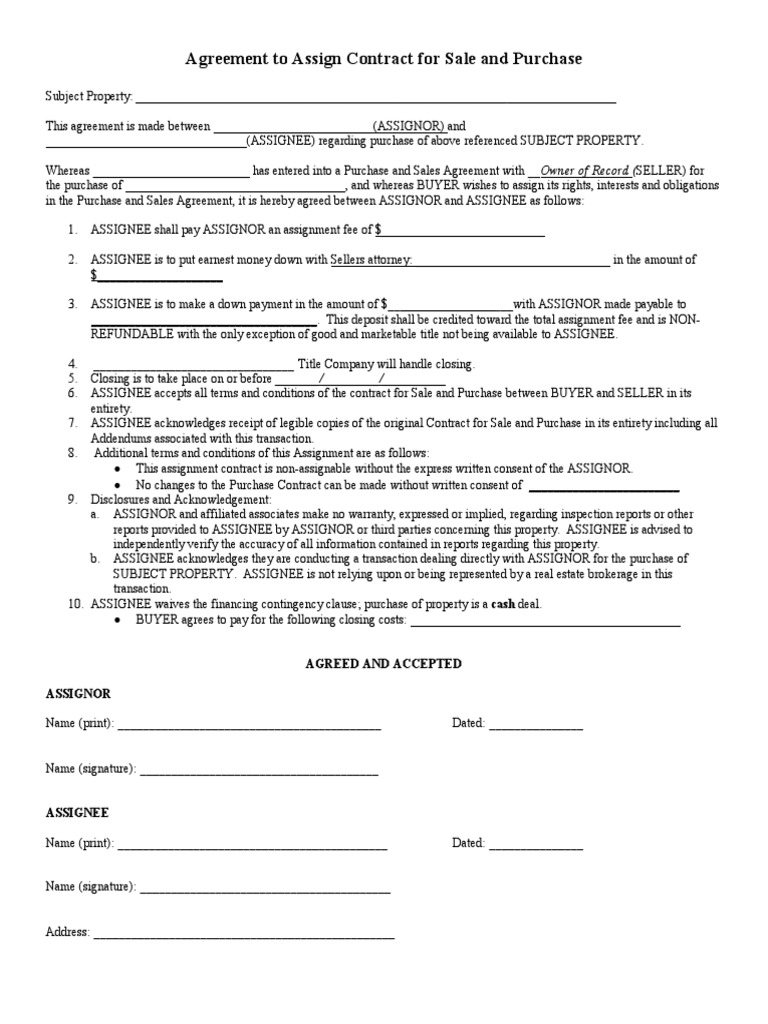 Agreement To Assign Contract For Sale and Purchase | PDF | Assignment ...