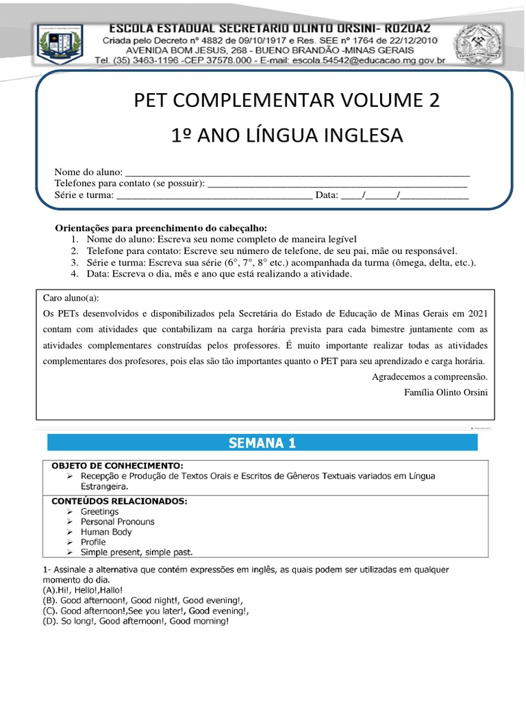 Atividades do PET 1º Ano - Língua Inglesa | PDF