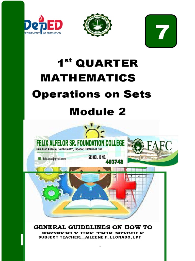 1 Quarter Mathematics Operations On Sets: General Guidelines On How To ...