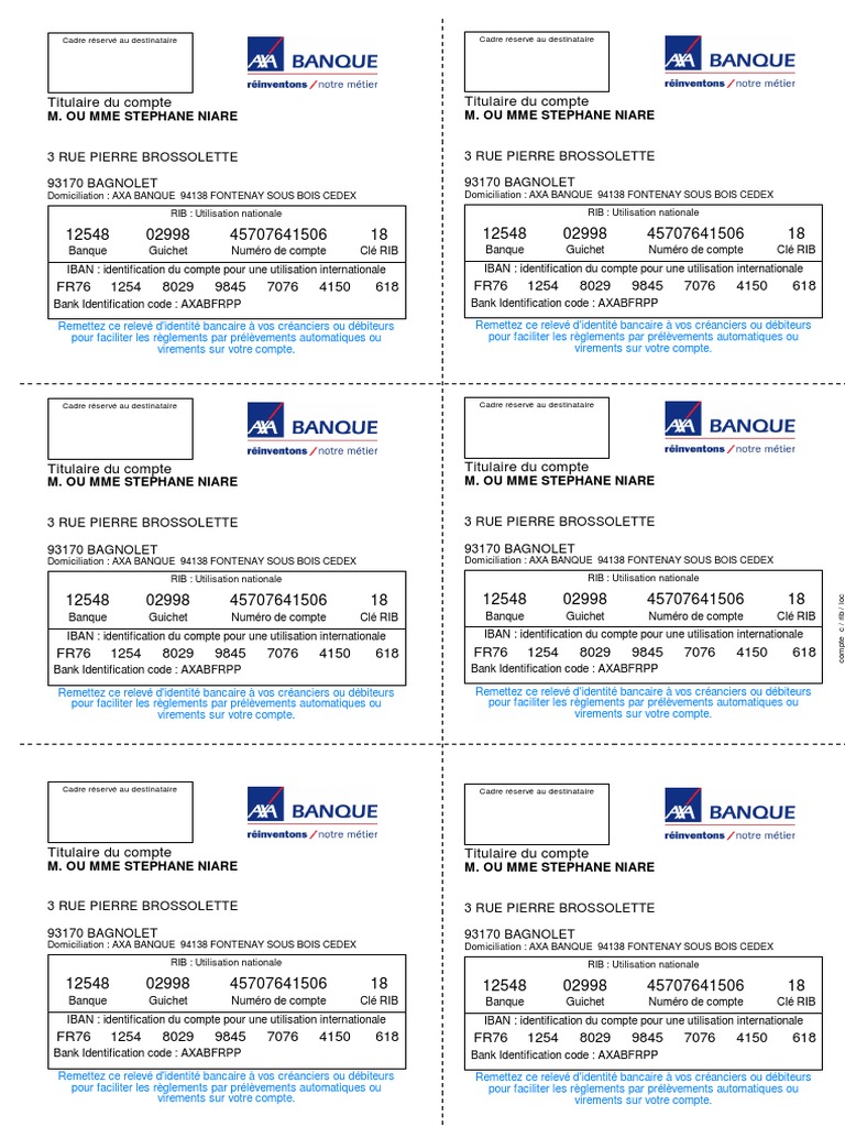 RIB et IBAN du compte AXA Niare | PDF | Banques | Réglementation financière
