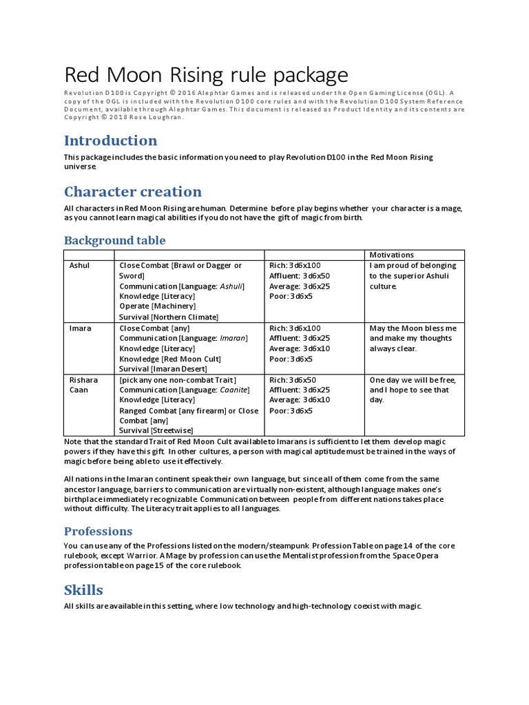 Red Moon Rising Rule Package: Character Creation | PDF | Sword | Spear