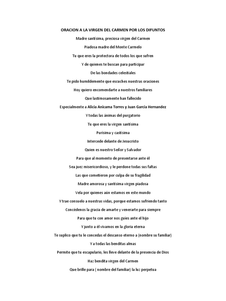 Oracion A La Virgen Del Carmen Por Los Difuntos | PDF | Purgatorio ...