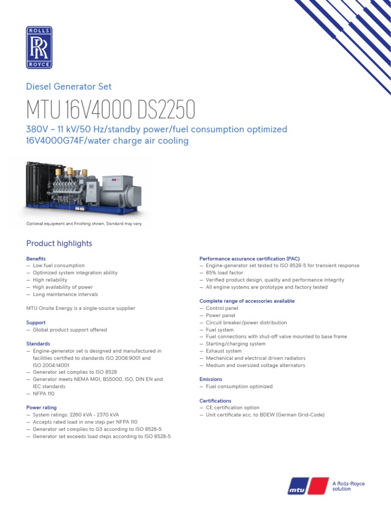 MTU 16V4000 DS2250: Diesel Generator Set | PDF | Electric Generator ...