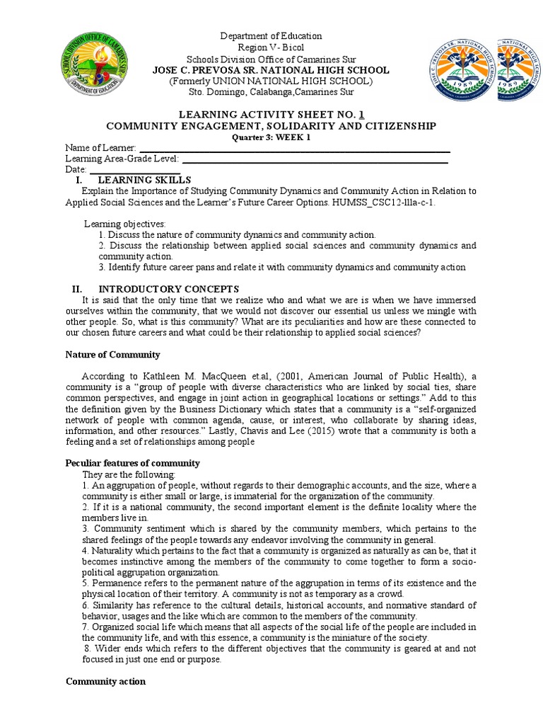 Learning Activity Sheet No 1 Community Engagement Solidarity And