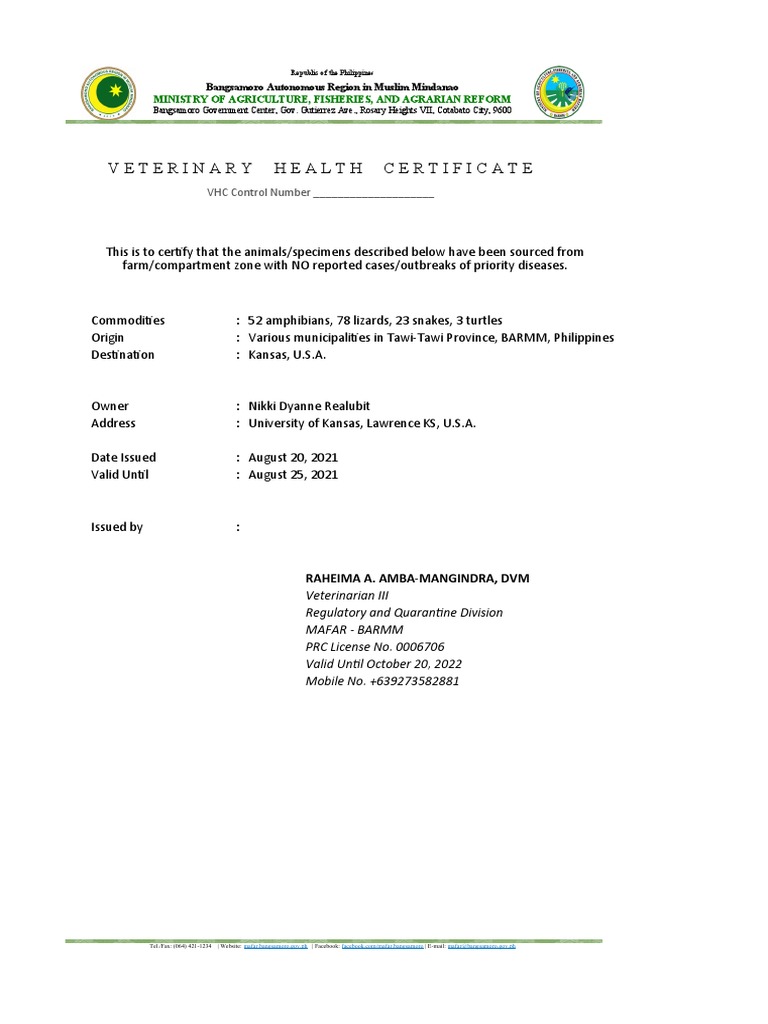 Veterinary Health Certificate: VHC Control Number | PDF