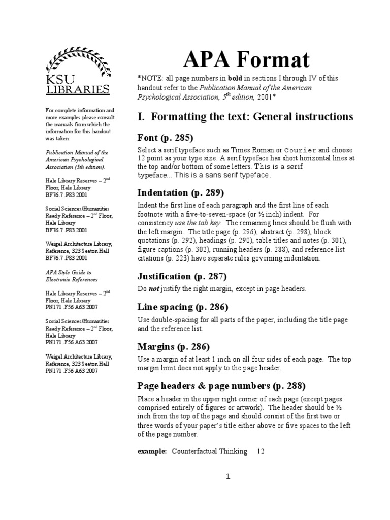 APA Format: I. Formatting The Text: General Instructions | PDF ...