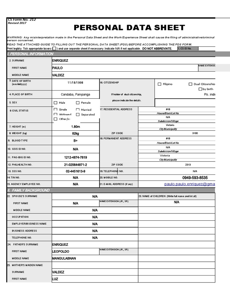 CSC Form 212 Revised 2017 Personal Data Sheet | PDF | Teachers | Crimes