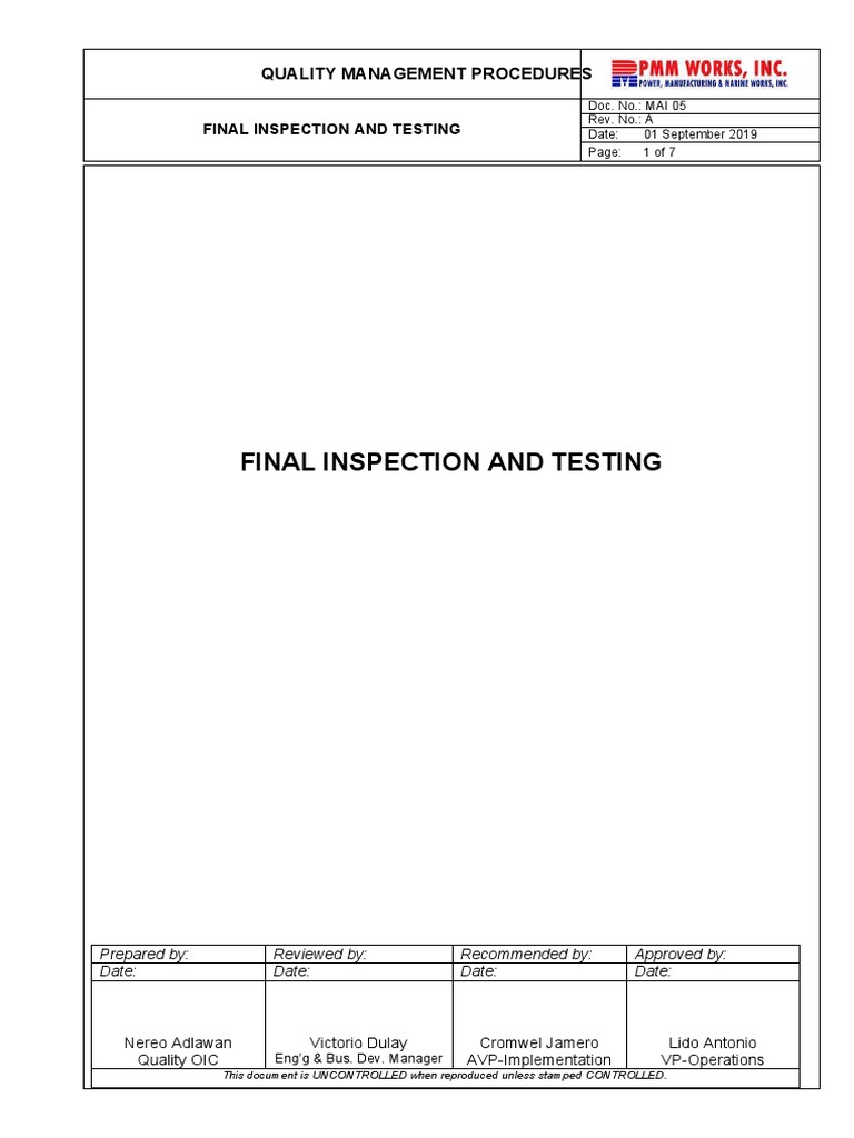 Final Inspection and Testing Procedures | PDF | Quality Assurance ...