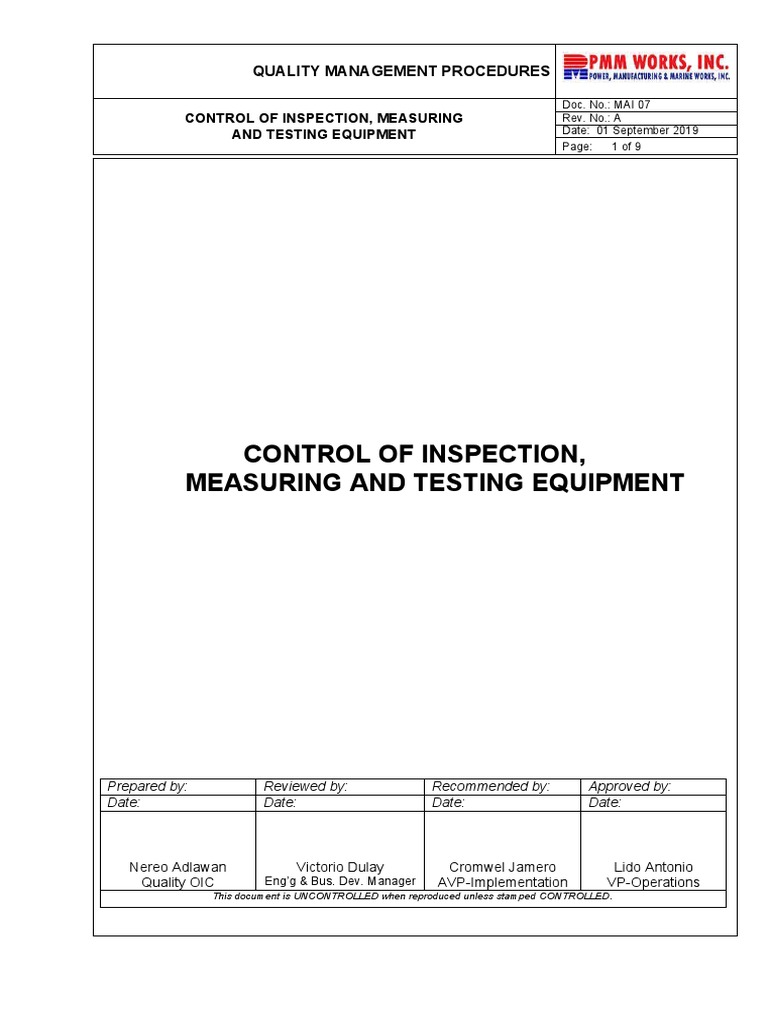 Inspection and Testing Equipment Control | PDF | Calibration | Quality ...