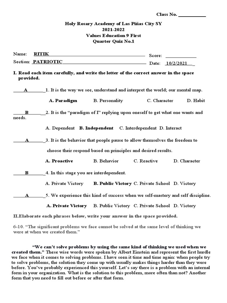 Values Education Quiz 2 PDF Paradigm Neuropsychological Assessment