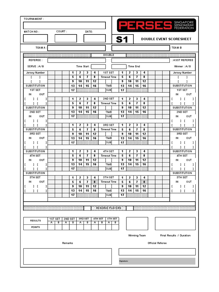 Perses Sepaktakraw Scoresheet 2012 Updated1 | PDF | Sports