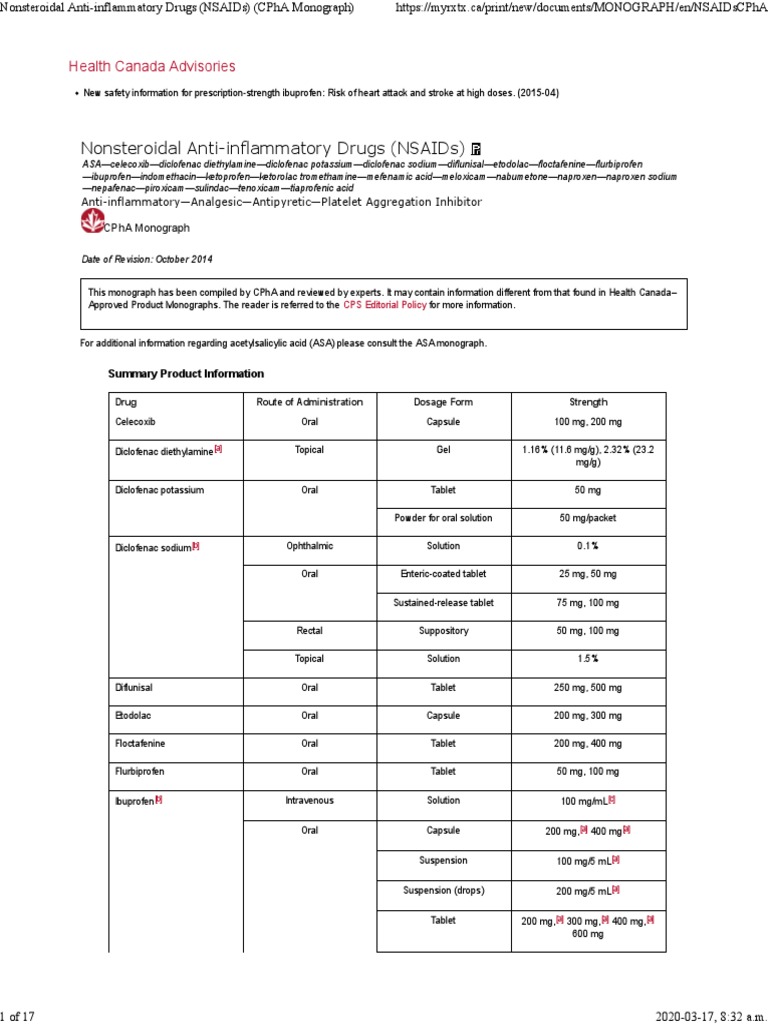Nonsteroidal Anti Inflammatory Drugs (NSAIDs) (CPhA Monograph) - 2020 ...