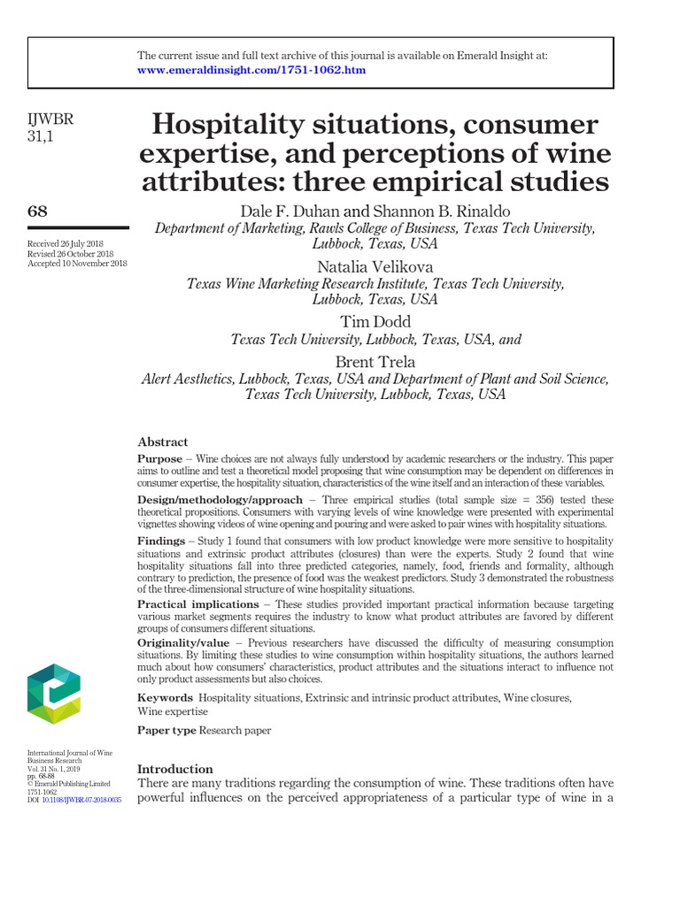 Hospitality Situations Consumer Expertise and Perceptions of Wine