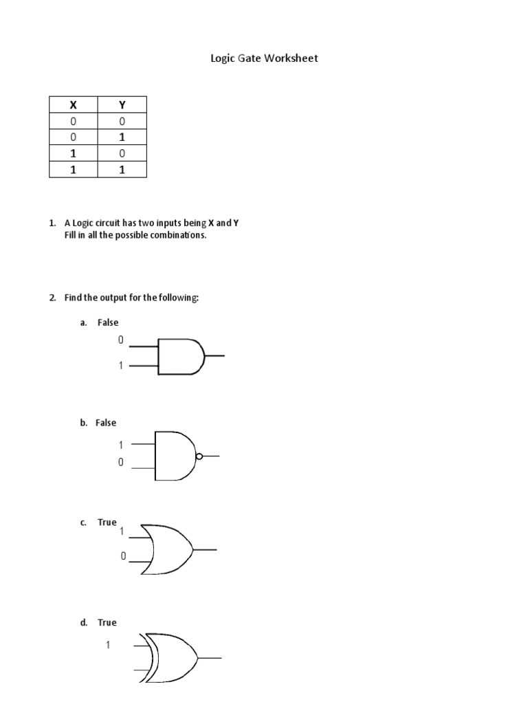 Logic Gate Worksheet 1. A Logic Circuit Has Two Inputs Being X and Y Fill in All The Possible