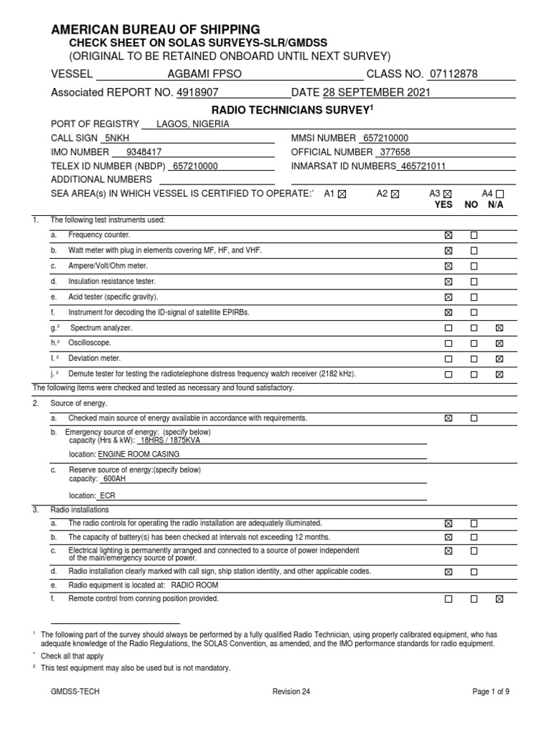 American Bureau of Shipping: Check Sheet On Solas Surveys-Slr/Gmdss ...