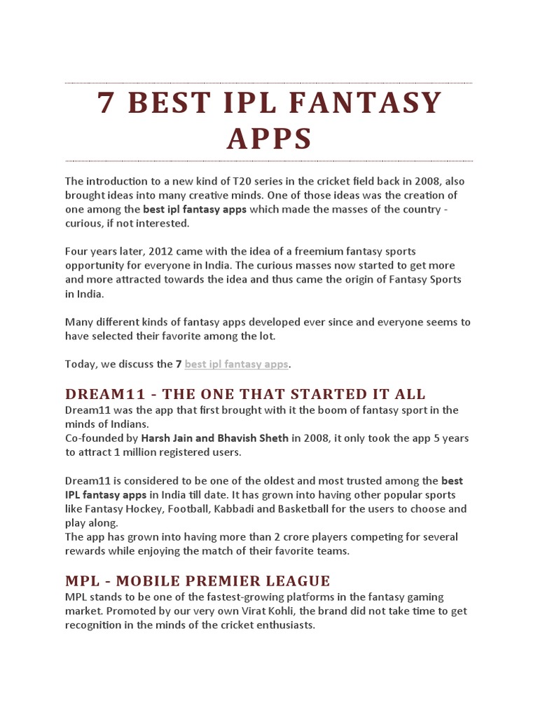 Best Ipl Fantasy App PDF Sports