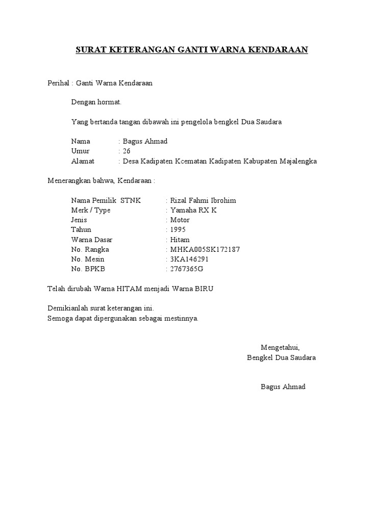 Surat Keterangan Ganti Warna Kendaraan 2 | PDF