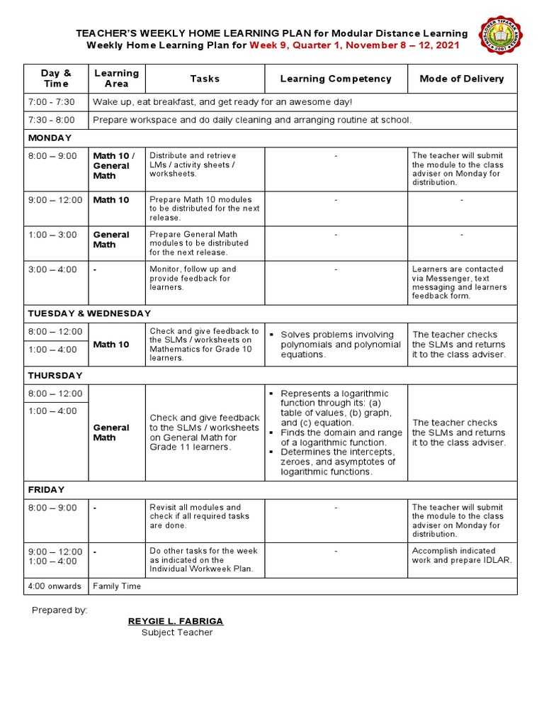 Weekly Home Learning Plan: Week 9 | PDF | Function (Mathematics ...