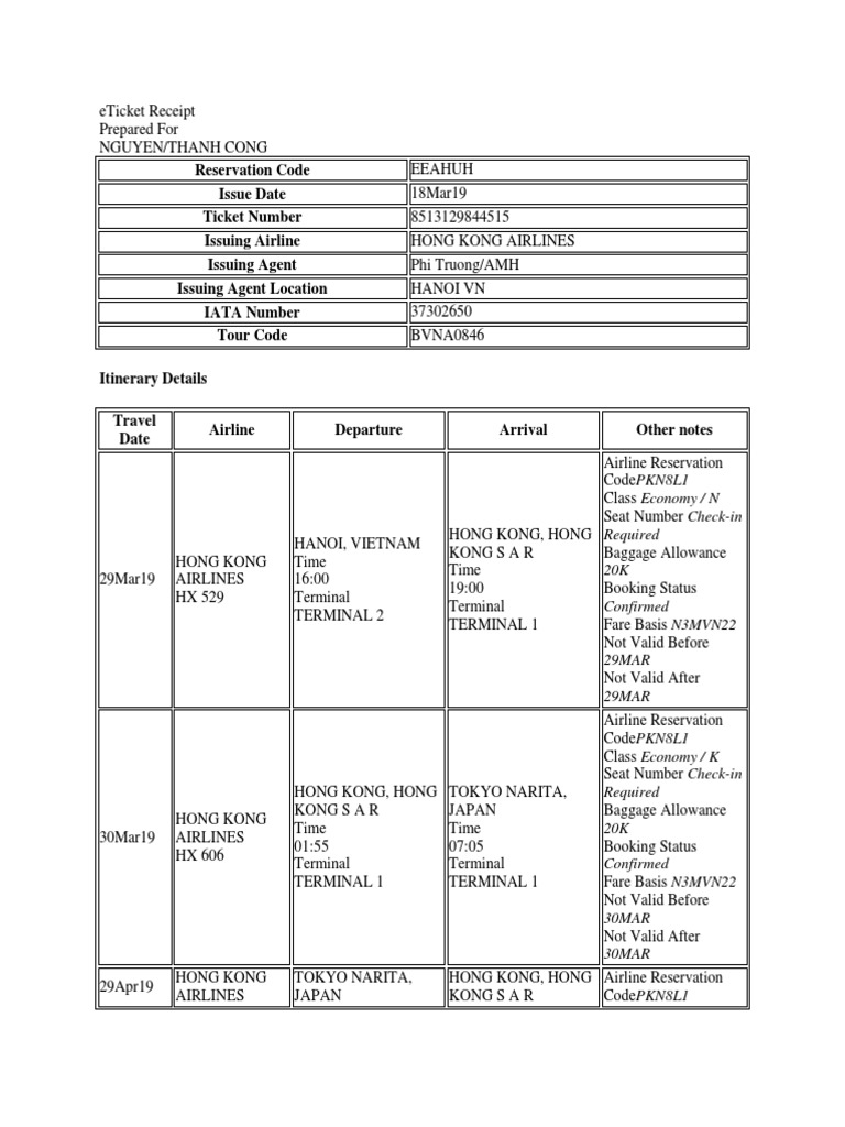 eTicket Receipt for Hong Kong Airlines | PDF | Transport Companies ...