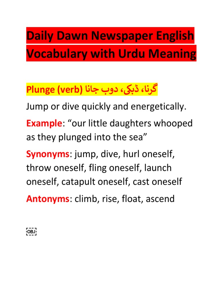 Daily Dawn Newspaper English Vocabulary with Urdu Meaning Plunge