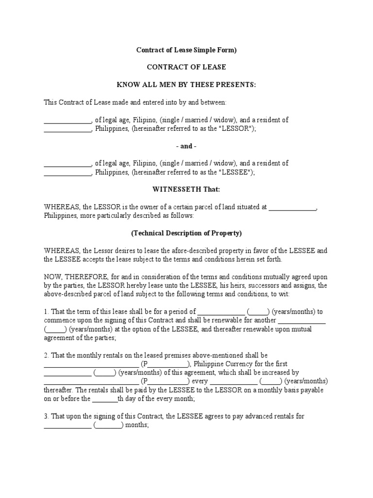 Contract of Lease Simple Form | PDF | Lease | Philippines