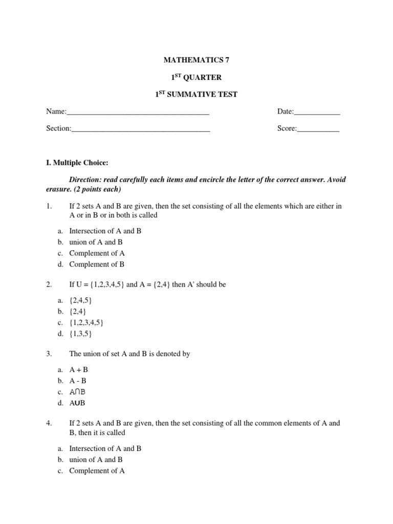 Grade 7 Math Summative Test on Sets | PDF | Set (Mathematics) | Mathematics