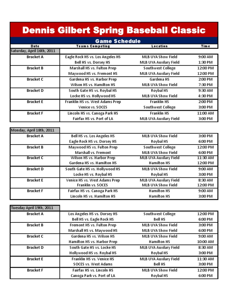 Dennis Gilbert Spring Baseball Classic: Game Schedule | PDF | Sports ...
