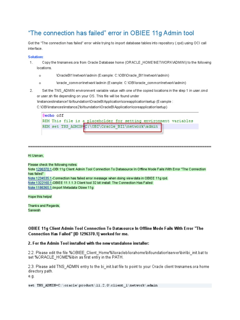 OBIEE 11g Connection Error Solutions | PDF | Computers | Technology ...