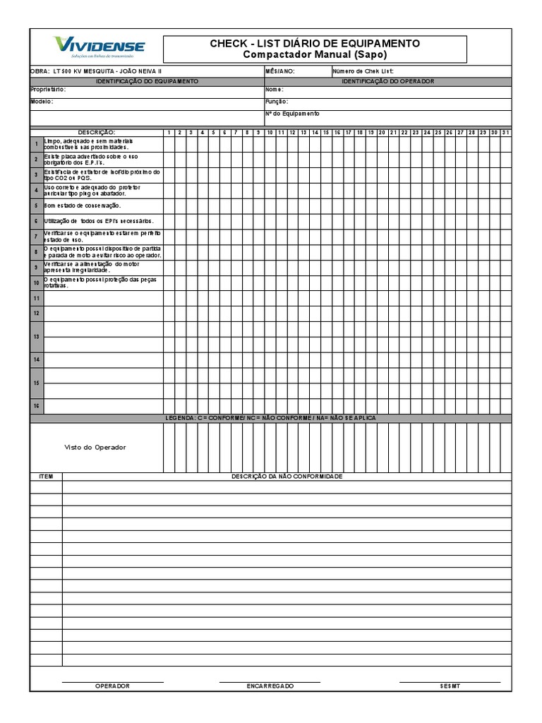 Check-list do Compactador Manual Sapo | PDF