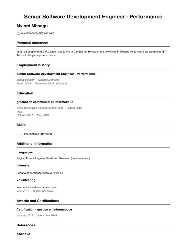 Senior Software Development Engineer - Performance: Mylord Mbangu | PDF