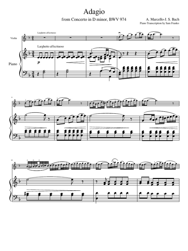 Adagio From Concerto in D Minor BWV 974 by A. MarcelloJ.S. Bach For Violin and Piano PDF