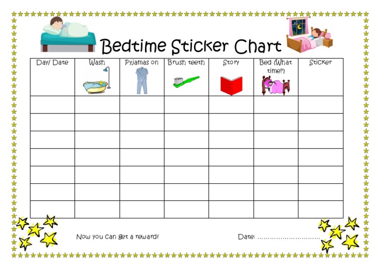 Bedtime Sticker Chart: Day/ Date Wash Pyjamas On Brush Teeth Story Bed ...