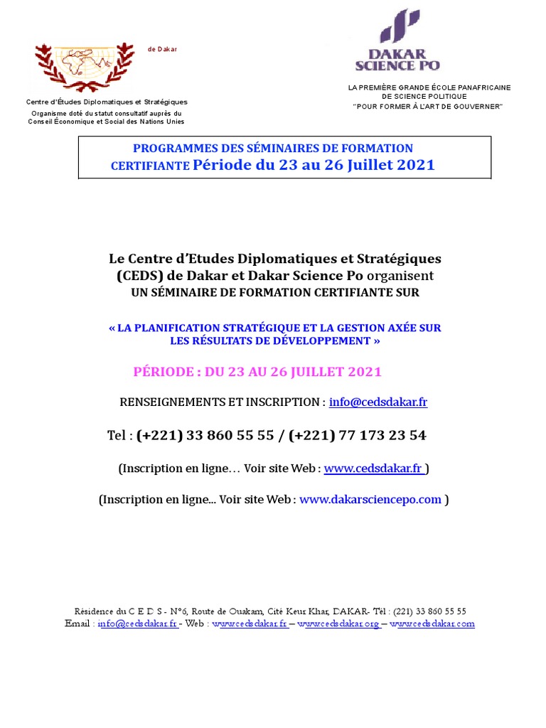 Séminaire CEDS Dakar : Planification Stratégique | PDF | Affaires | Art