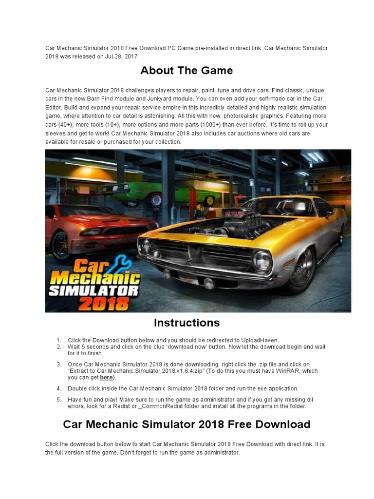 Car Mechanic Simulator 2018 Free Download PC Game Pre | PDF | 64.