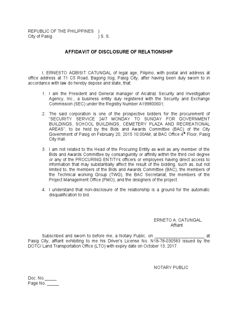 Affidavit of Disclosure of Relationship | PDF