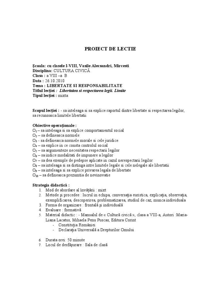 Proiect De Lectie Libertatea Si Respectarea Legii