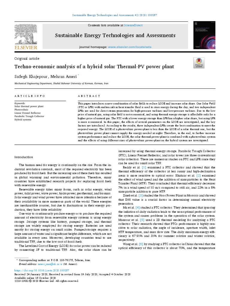 Techno-Economic Analysis of A Hybrid Solar Thermal-PV Power Plant | PDF ...
