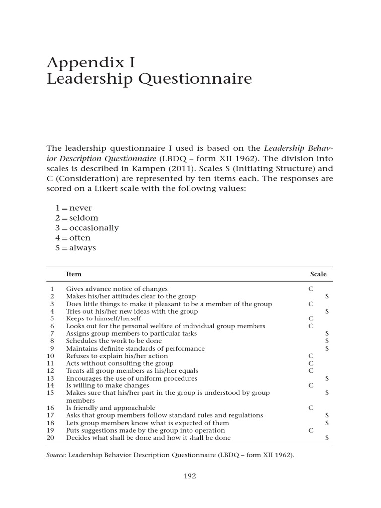 Appendix I Leadership Questionnaire: Ior Description Questionnaire ...