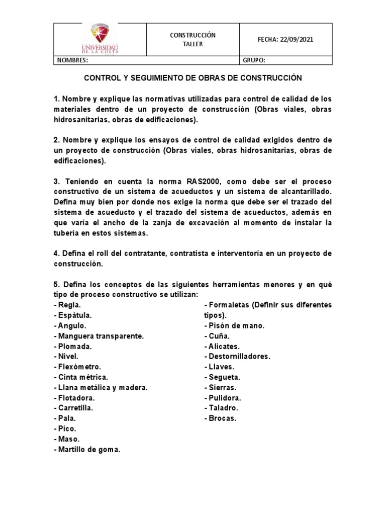 Taller Control y Seguimiento de Obras de Construcción | PDF