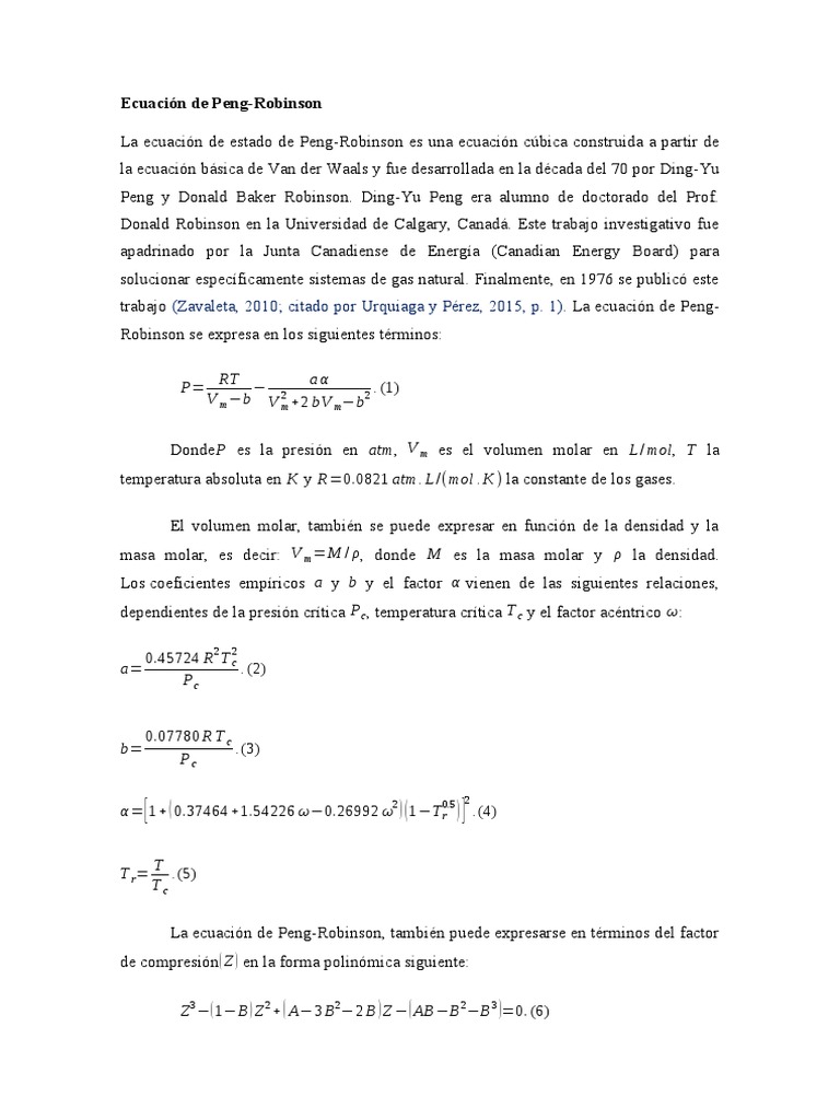 Ecuación de Peng-Robinson: Análisis y Fórmulas | PDF | Ciencia y ...