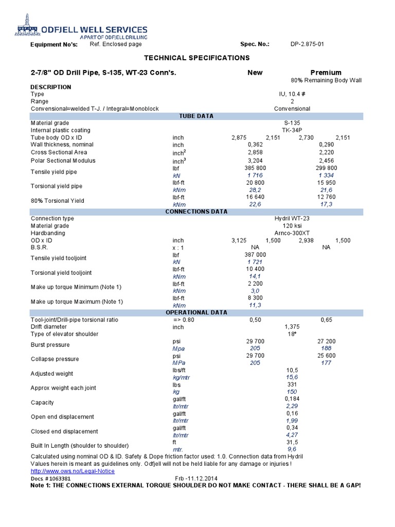 2 7/8" OD Drill Pipe Specifications | PDF | Pipe (Fluid Conveyance ...